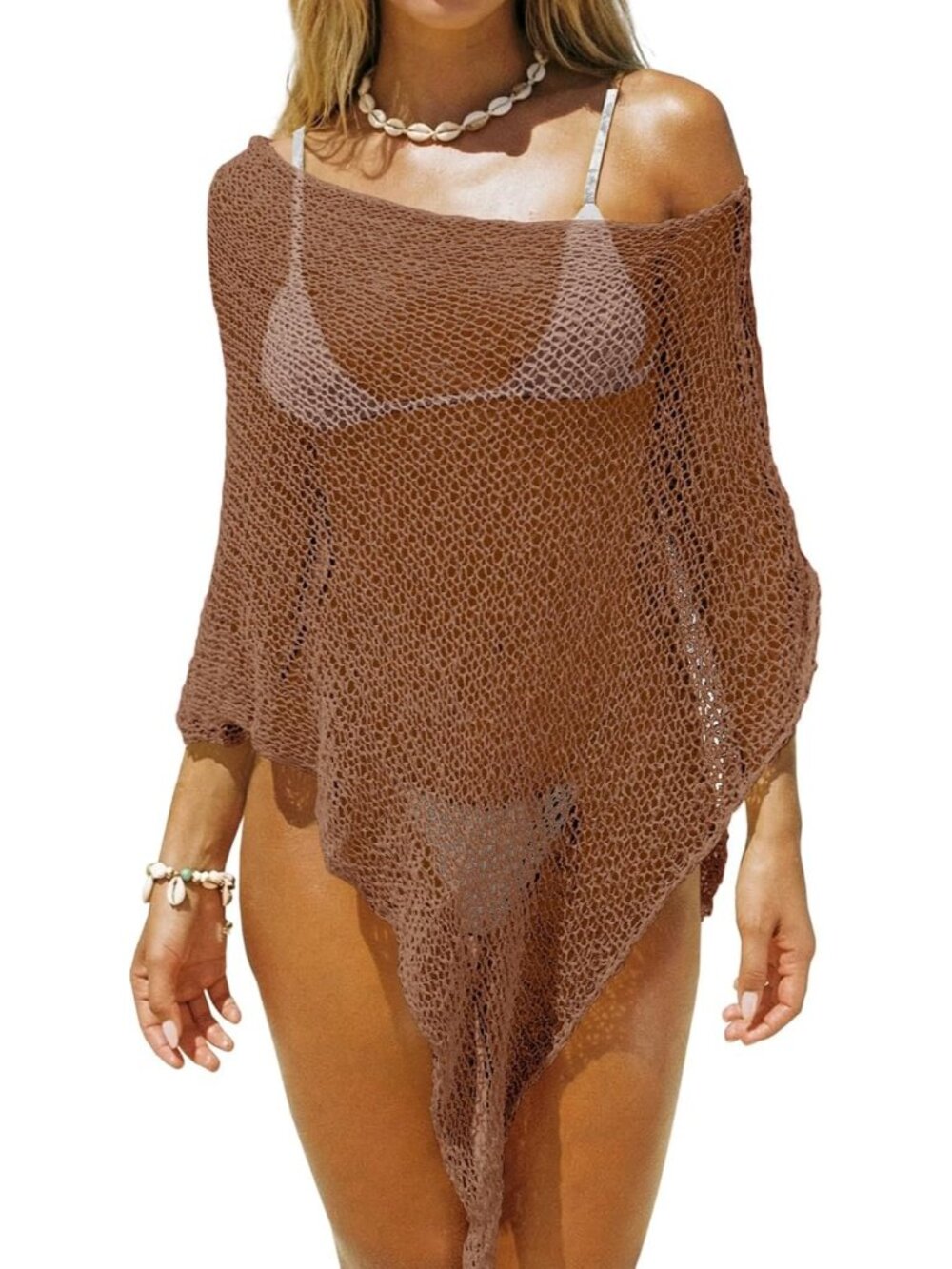 Women's Coffee Sheer Crochet Mesh Beach Cover Up Batwing Boho Swimwear Top
